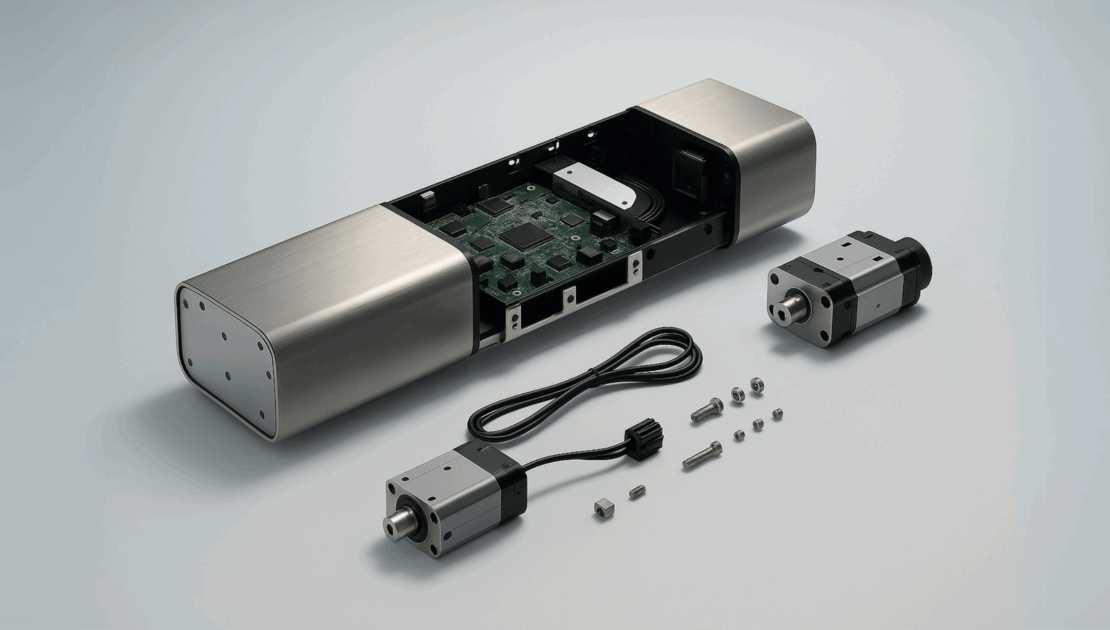 An exploded view of a precision electromechanical assembly, showcasing the integration of mechanical drives, PCB components, and custom cabling.