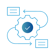 A gear with a checkmark at its center, with two arrows looping between text boxes, representing a process workflow.