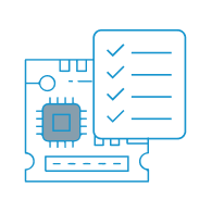 An icon of a circuit board with a checklist overlay showing three checkmarks, representing quality assurance or testing.