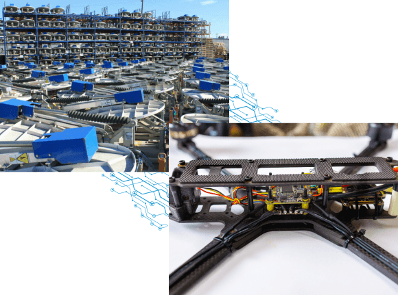 A split image showing a large outdoor rack storage system holding many blue robotic delivery or cargo pods on the left, and a close-up of a drone's internal frame with wiring and electronic components on the right.