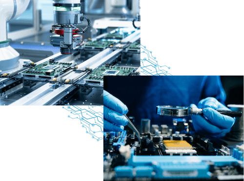 Automated PCB assembly machinery placing components on a circuit board, with an inset of a technician's gloved hands inspecting a populated circuit board.