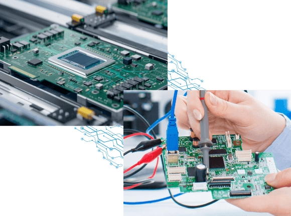 Two views of electronics work: a green circuit board with a large processor chip in an assembly machine, and a technician holding an oscilloscope probe to a test board with connected cables.