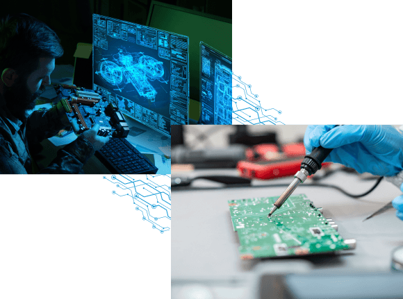 Collage: A technician examines a circuit board beside monitors showing a blue wireframe schematic, next to a gloved hand soldering a green circuit board.