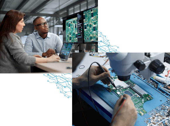 Two engineers review circuit board layouts on a monitor and laptop, with an inset of a technician probing a circuit board under a microscope.